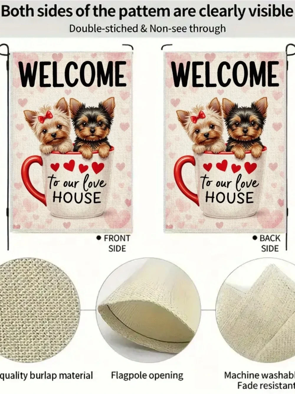 Garden Flag, Double-sided Welcome Yorkie Puppies Burlap approx 12”x18” - Picture 10 of 16